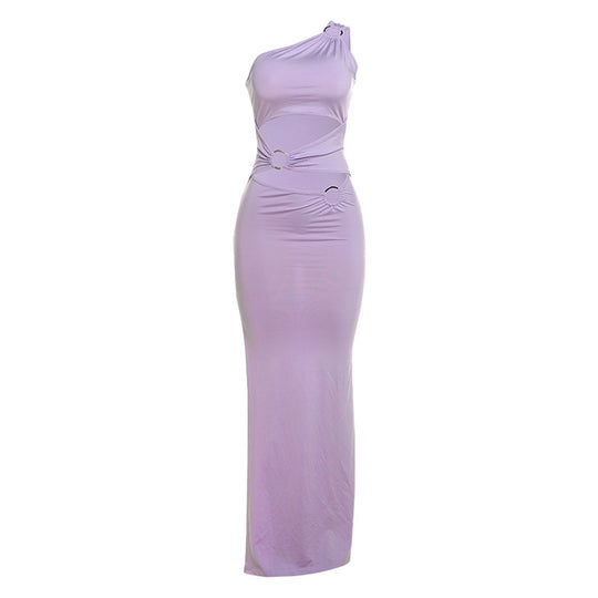 Damen Elegantes One-Shoulder-Maxikleid mit Raffungen und metallischem Detail EB