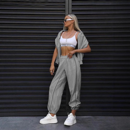 Damen cropped Sweatset mit weitem Arm, hochtaillierter Jogginghose und kontrastpaspeln EB
