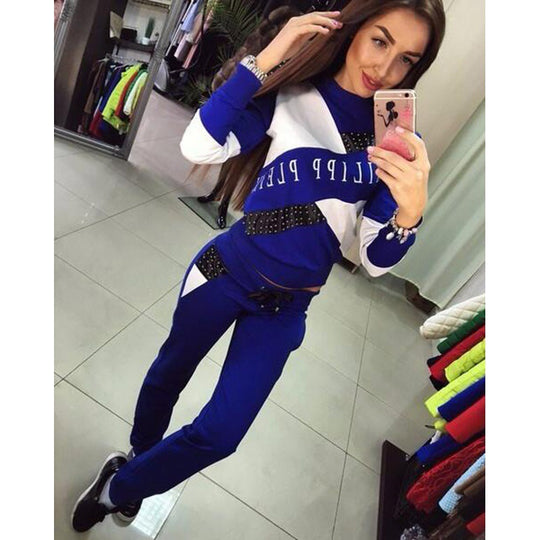 Damen Sportliches Jogginganzug-Set mit Nietenbesatz und Colorblock-Design EB
