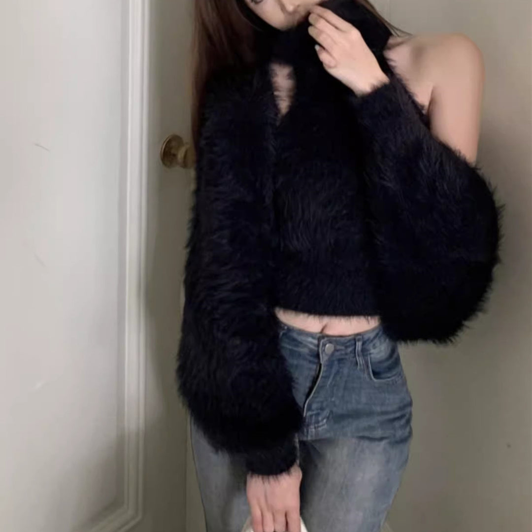 Damen Flauschiger Cropped Pullover mit Stehkragen und Oversize-Ärmeln EB