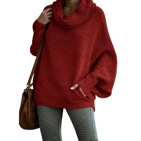 Damen lässiger Strickpullover mit weichem Stehkragen und weit geschnittenen Ärmeln EB