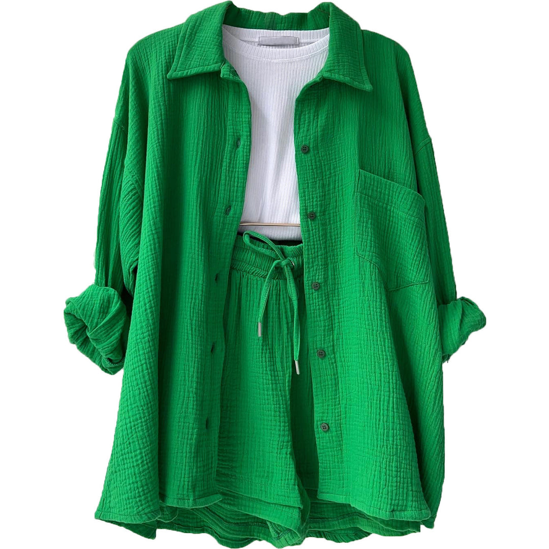 Damen nan lässiges oversized Hemd und Shorts Set mit Brusttasche Kordelbund und gerauter Baumwollstruktur EB