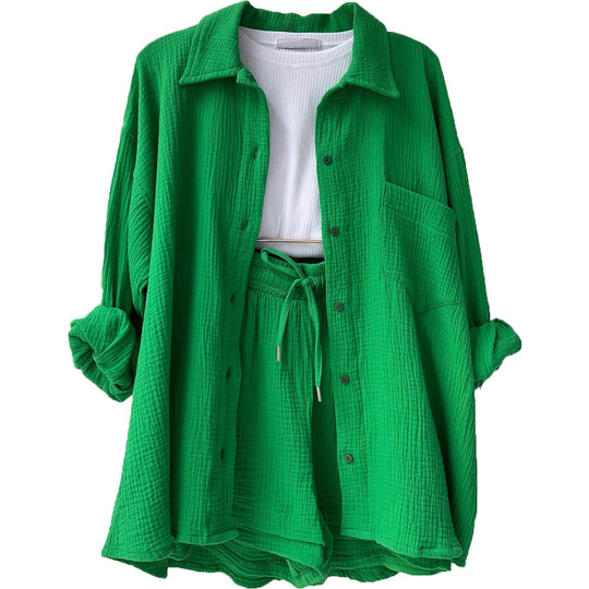 Damen nan lässiges oversized Hemd und Shorts Set mit Brusttasche Kordelbund und gerauter Baumwollstruktur EB