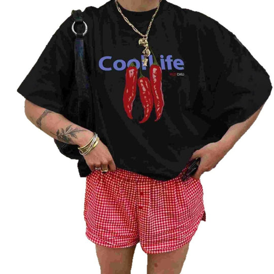 Damen Oversized T-Shirt mit kreativem Chili-Motiv und lässigem Schnitt EB