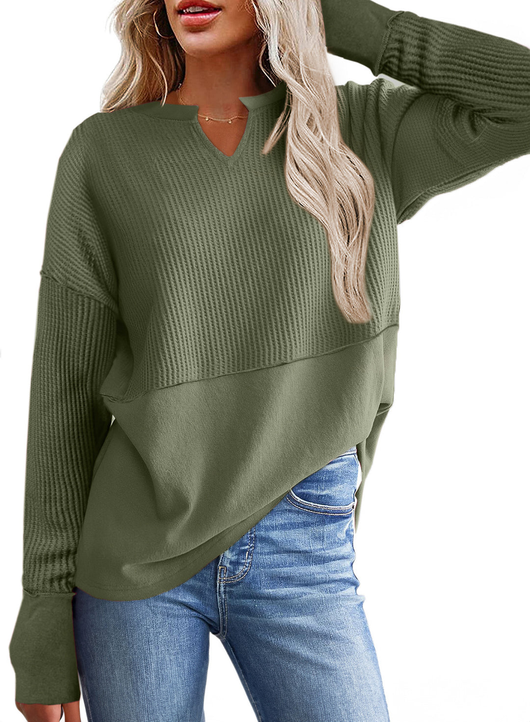 Damen lässiger Knit-Pullover mit V-Ausschnitt und Struktur EB