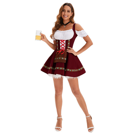 Damen nan traditionelles Oktoberfest Dirndl Minikleid mit Schnürung und abnehmbarer Schürze EB