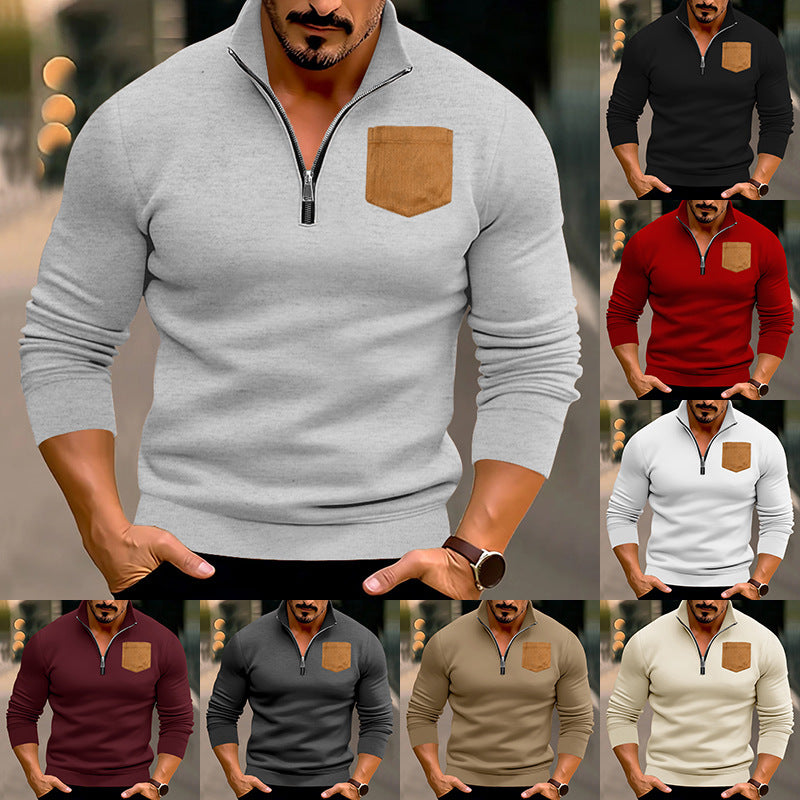 Herren modischer Pullover mit halbem Reißverschluss und kontrastierender Brusttasche EB