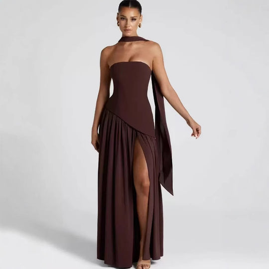 Damen Maxikleid mit figurbetontem Oberteil und schwingendem Rock EB