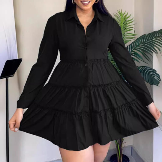 Damen Hemdblusenkleid mit voluminösem Saum und langen Ärmeln EB