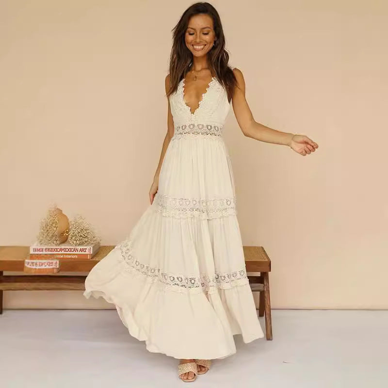Damen Elegantes Maxikleid mit tiefem V-Ausschnitt und verspielten Häkelapplikationen EB