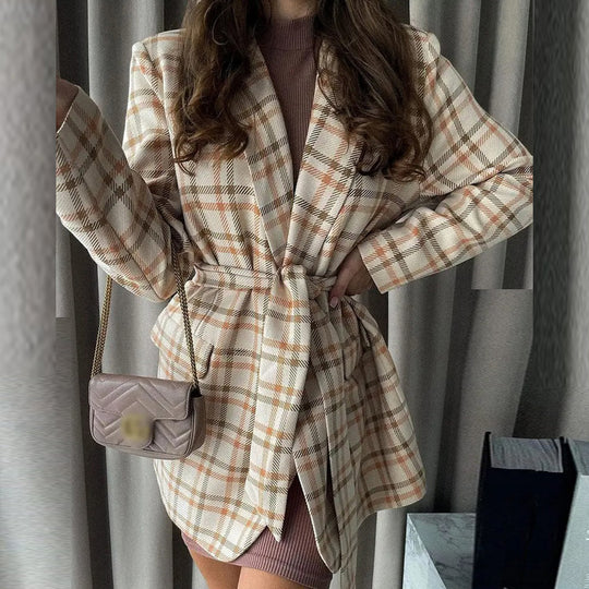 Damen Oversize karierter Mantelblazer mit Taillengürtel und aufgesetzten Taschen EB