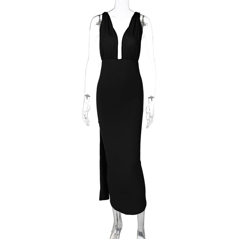 Damen Maxikleid mit tiefem V-Ausschnitt und seitlichem Schlitz EB