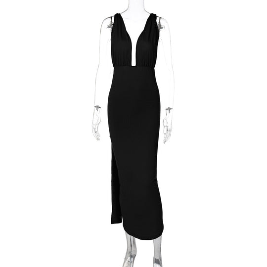 Damen Maxikleid mit tiefem V-Ausschnitt und seitlichem Schlitz EB