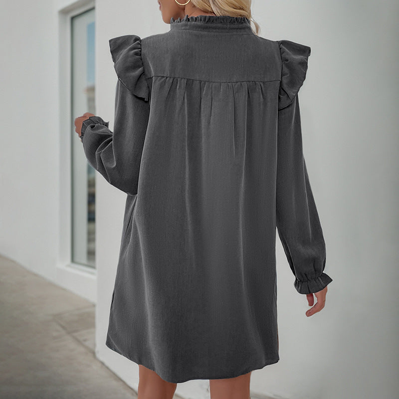 Damen lässiges Kleid mit Rüschendetails und langem Arm EB