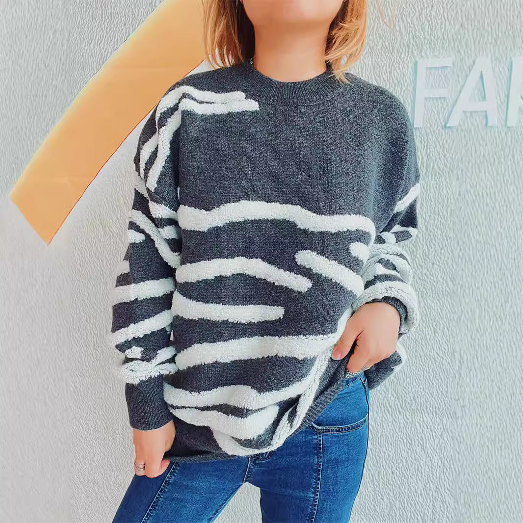 Damen lässiger Strickpullover mit modernem Zebrastreifenmuster EB