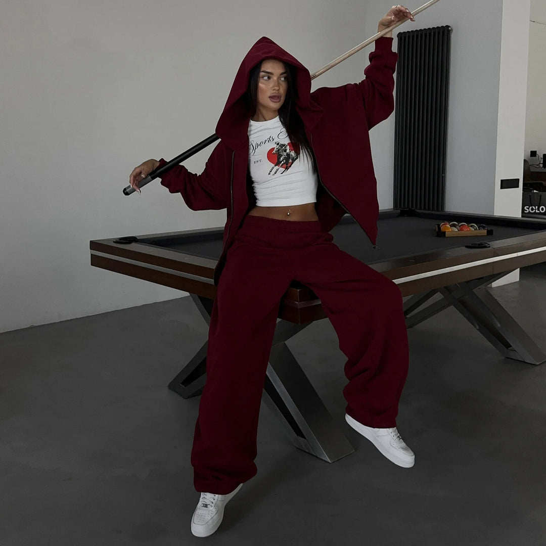 Damen lässiges Zip-Lounge-Set mit übergroßer Kapuzenjacke und taillierter Relax-Jogginghose Eichborn Berlin