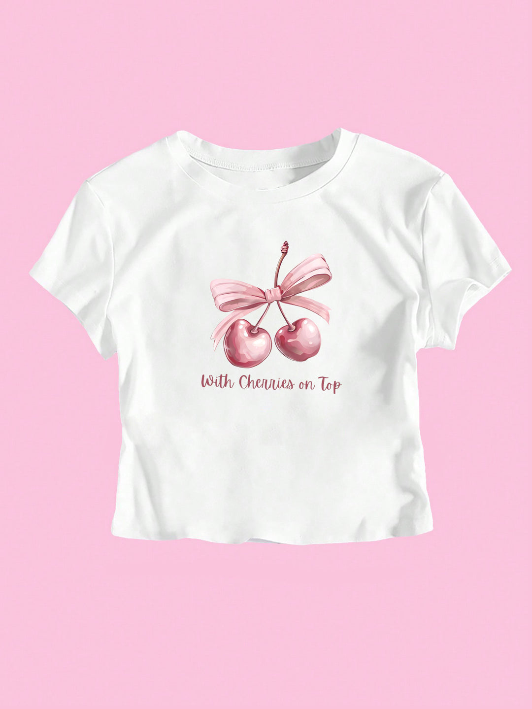 Damen Kurzarm Crop-T-Shirt mit fröhlichem Kirschmotiv und Schleifenapplikation EB