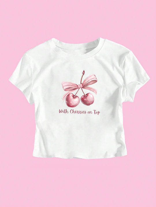 Damen Kurzarm Crop-T-Shirt mit fröhlichem Kirschmotiv und Schleifenapplikation EB