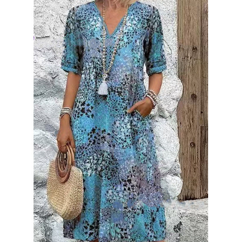 Damen Strandkleid im lässigen Stil mit Taschen und V-Ausschnitt EB