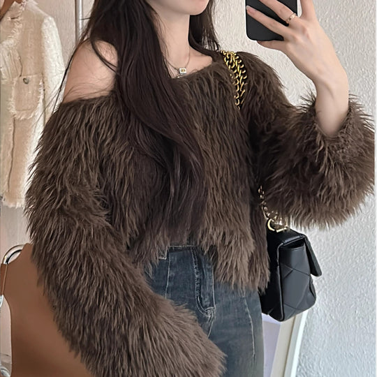 Damen Flauschiger Off-Shoulder-Pullover mit langen Ärmeln EB