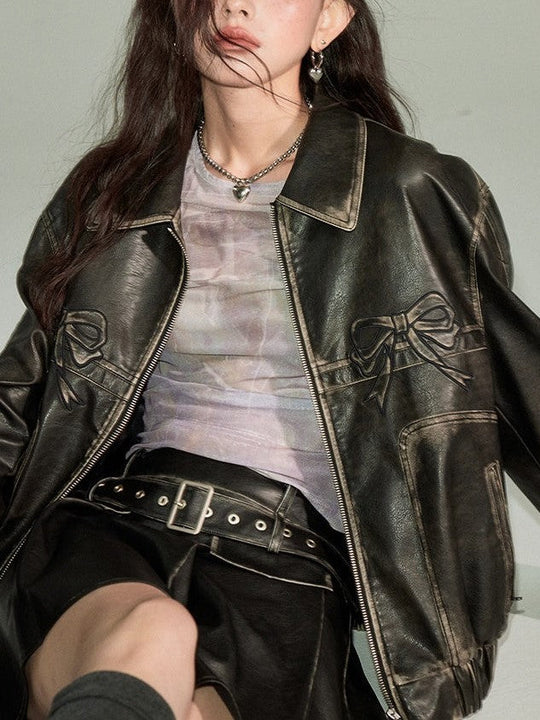 EB | Bowknot Zip Up Lederjacke