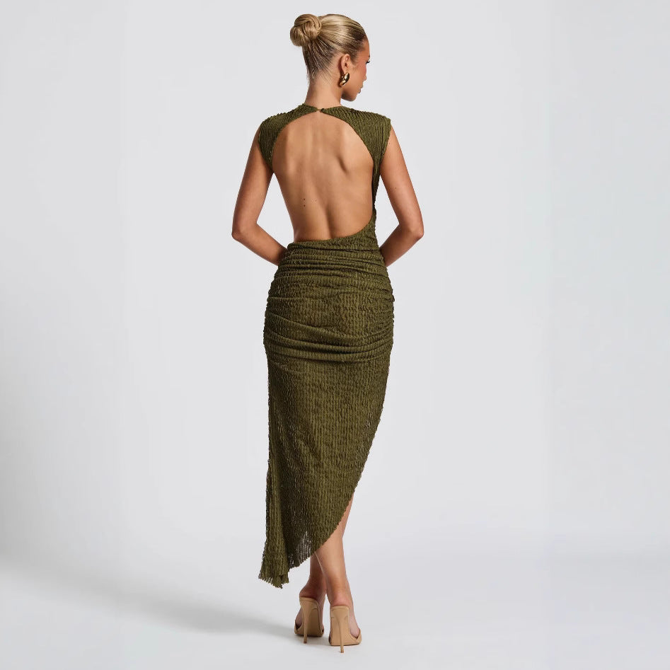 Damen figurbetontes Maxikleid mit extravagantem Rücken-Design und raffinierten Drapierungen EB