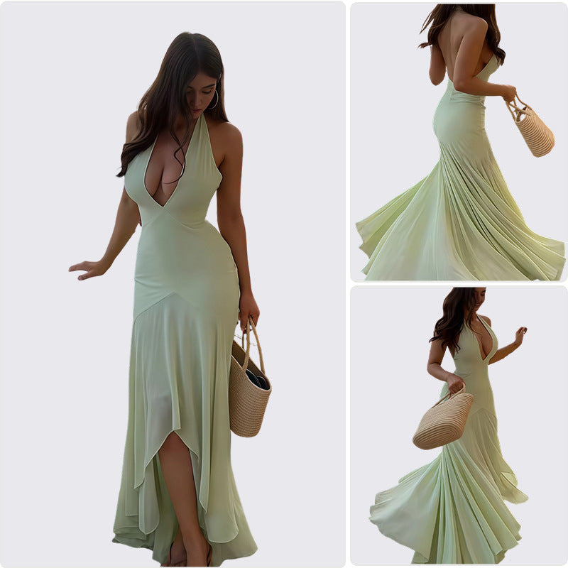 Damen Abendkleid mit tiefem V-Ausschnitt und fließendem Wasserfall-Saum EB