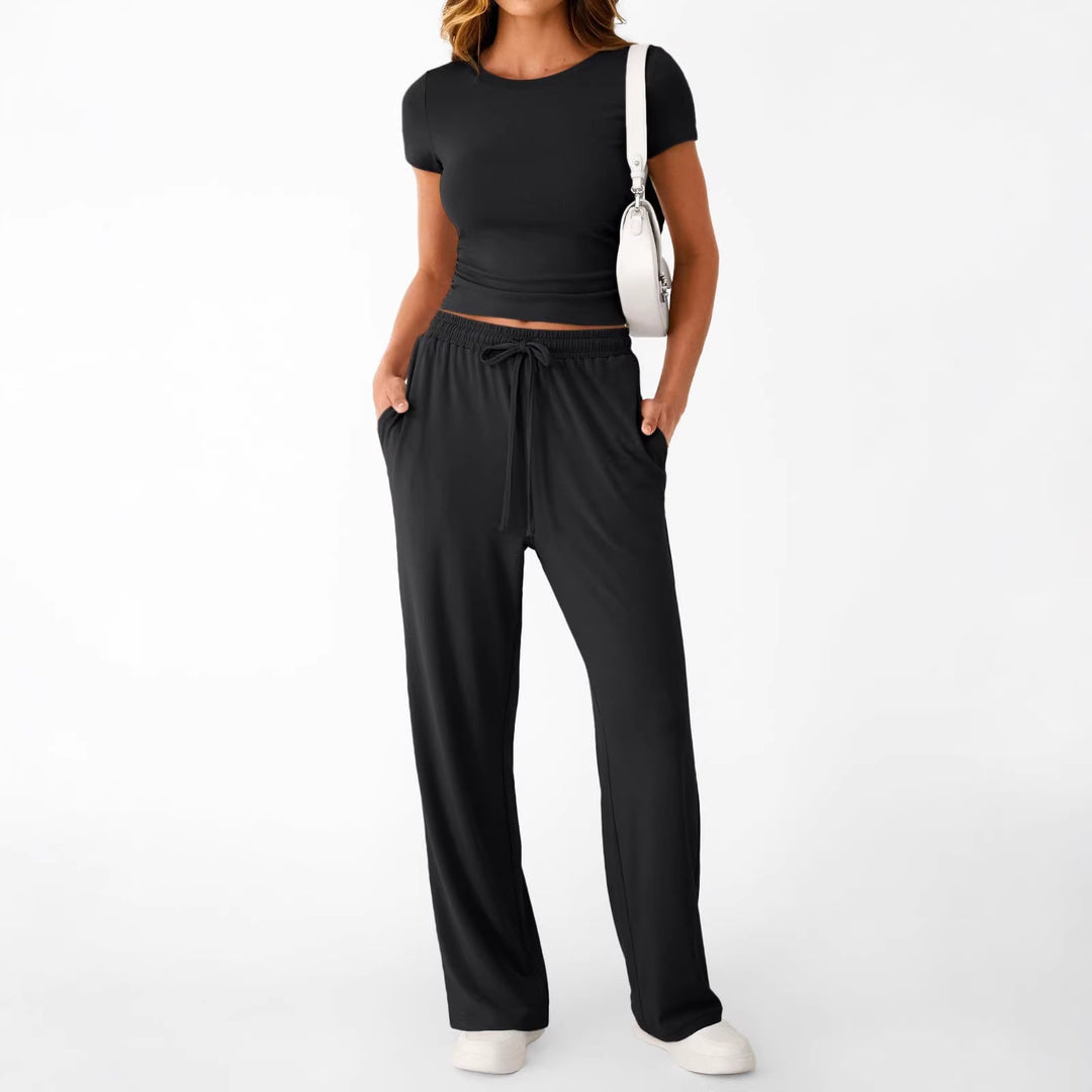 Damen lässiger Freizeitanzug mit kurzen Ärmel und weiten Hosen EB