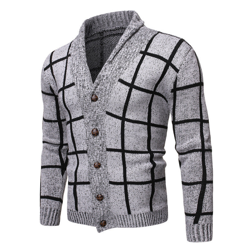 Herren modische Strickjacke mit V-Ausschnitt und modernem Karomuster EB