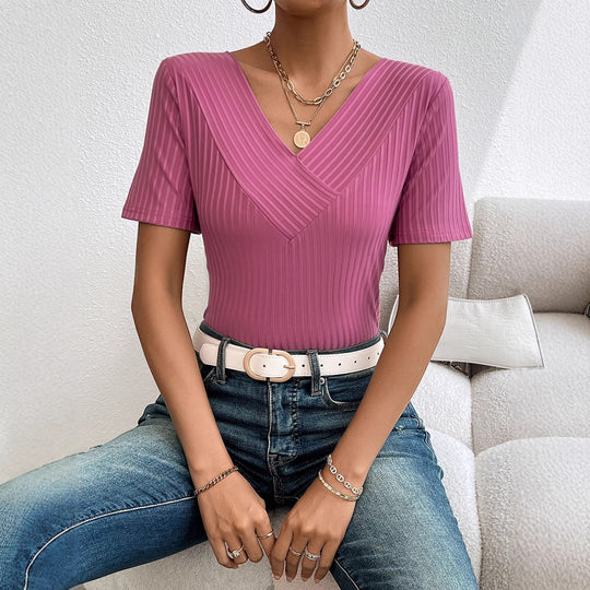 Damen lässiges V-Ausschnitt Shirt mit fließendem Design und kurzen Ärmeln EB