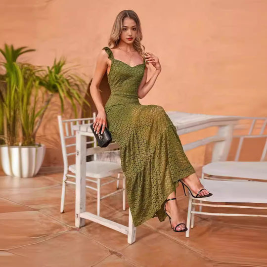 Damen Maxikleid mit exquisite Häkelstruktur und fließendem Rock EB