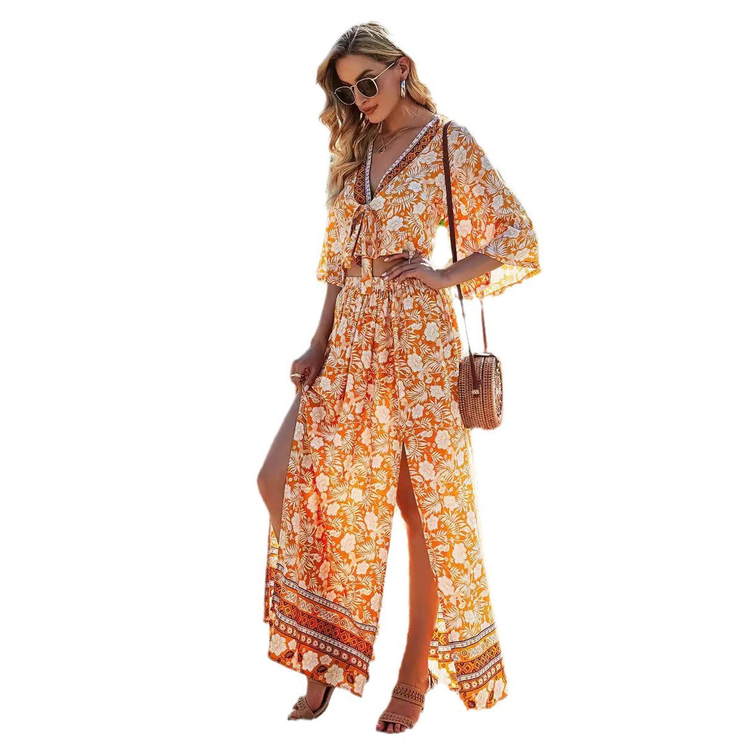 Damen Maxikleid mit floralem Boho-Design und tiefem V-Ausschnitt EB