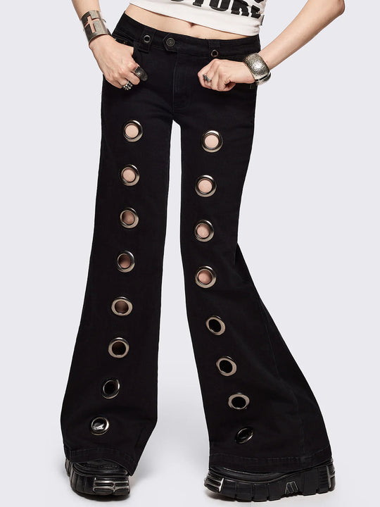 Damen Flared Jeans mit dekorativen Ösen EB