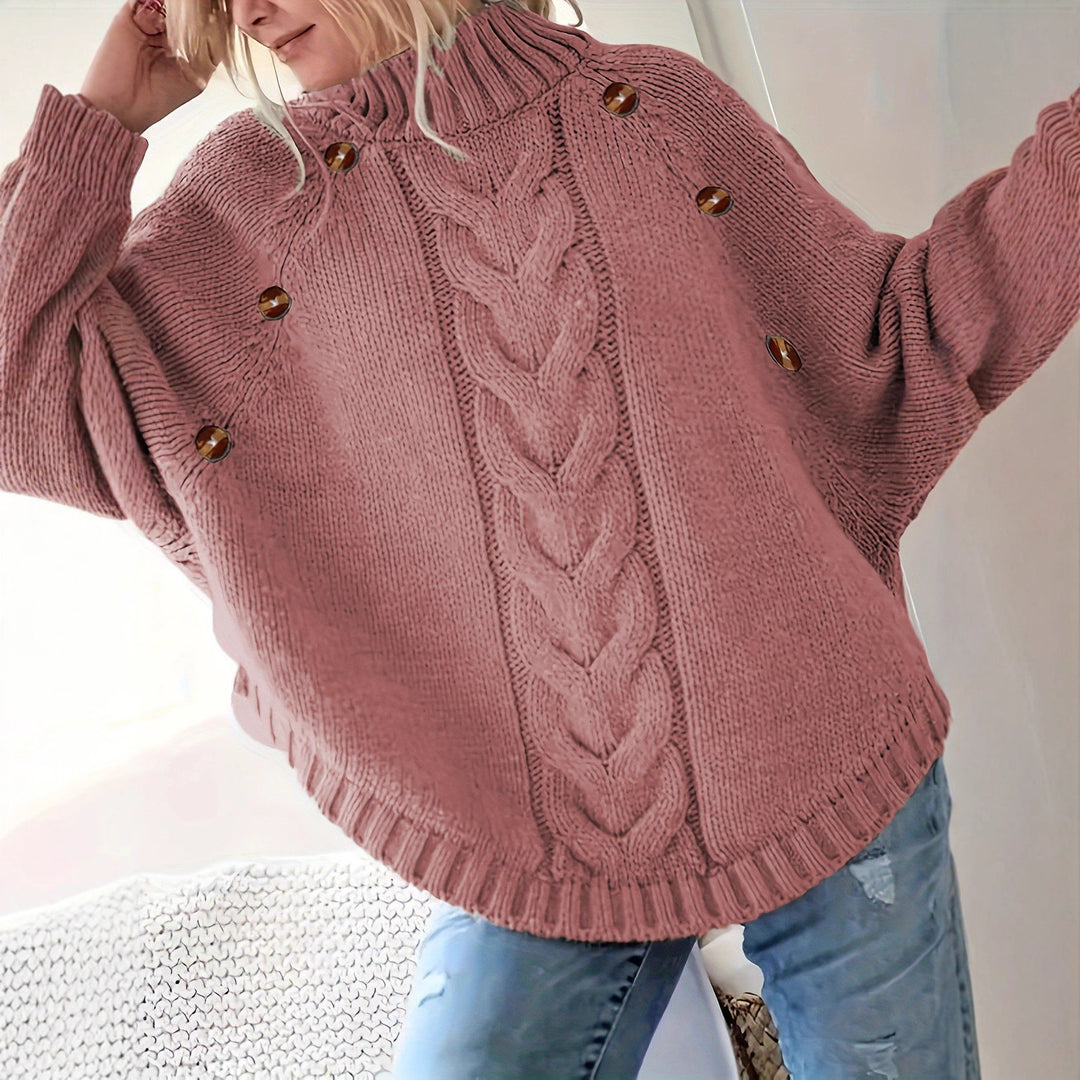 Damen Oversized Strickpullover mit Hochkragen und dekorativen Knopfdetails EB