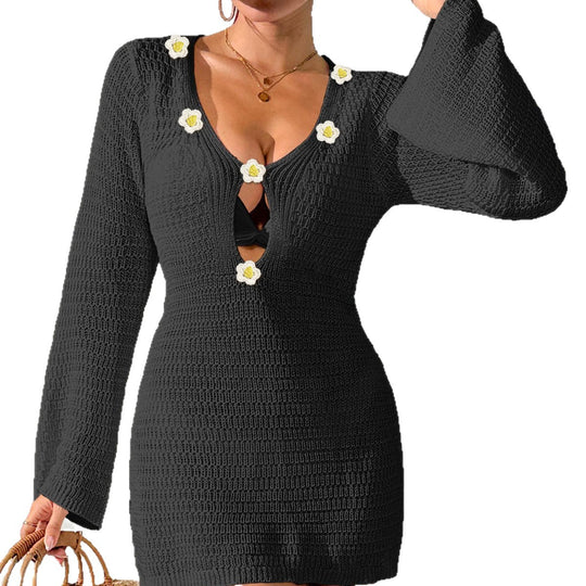 Damen lässiges Strandkleid mit dekorativem V-Ausschnitt und Blumenapplikationen EB