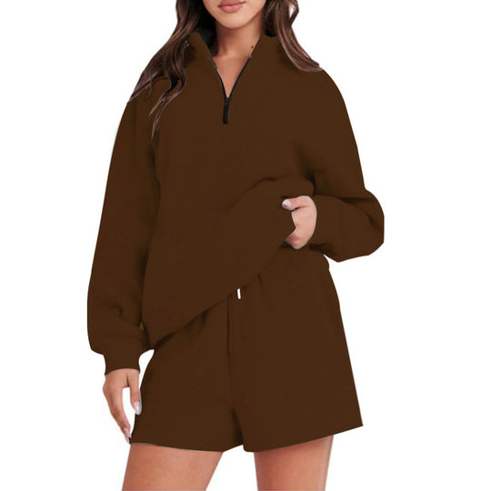 Damen bequemen Freizeit-Sweatanzug mit halbem Reißverschluss und Shorts EB