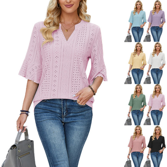 Damen modisches Oberteil mit durchbrochenem Design und Volantärmeln EB