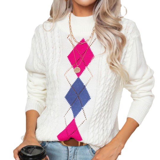 Damen Strickpullover mit modernem Rautenmuster und Zopfmuster EB