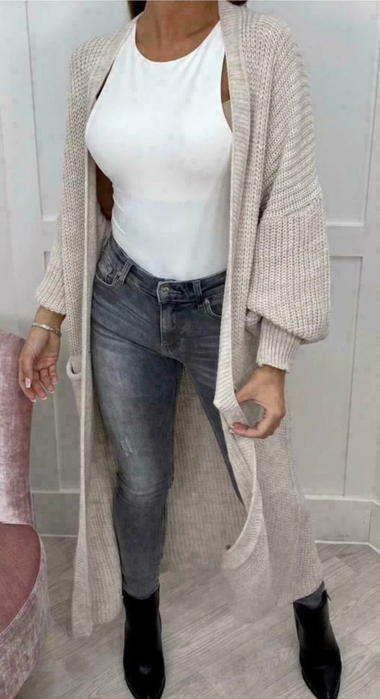 Damen Langer Strickcardigan mit strukturierter Maschenoptik und praktischen Taschen EB