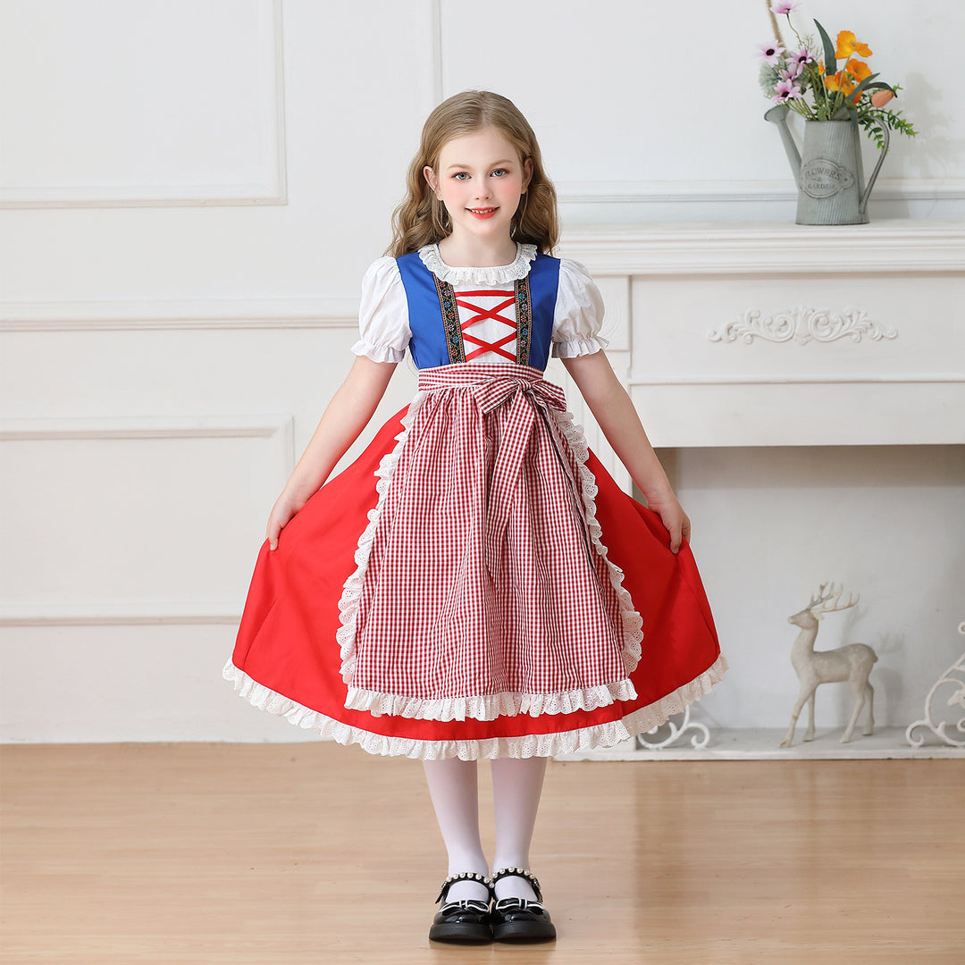 Damen nan traditionelles Kinder-Dirndl Kleid mit geraffter Schürze und Spitzenbesatz EB