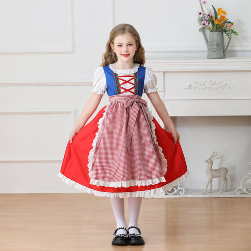 Damen nan traditionelles Kinder-Dirndl Kleid mit geraffter Schürze und Spitzenbesatz EB