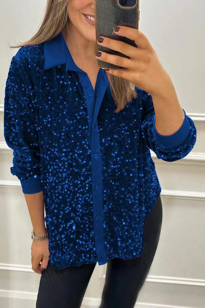 Damen Glitzernde Bluse aus Pailletten mit klassischem Kragen EB