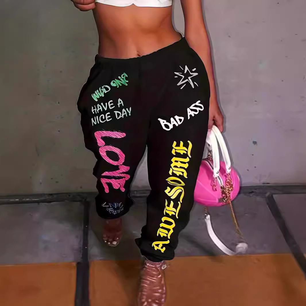 Damen lässige Jogginghose mit buntem Schrift-Design und elastischem Bund EB