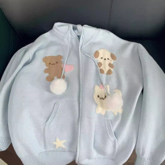 Damen Kapuzenjacke mit verspielten Tiermotiven und Pompoms EB