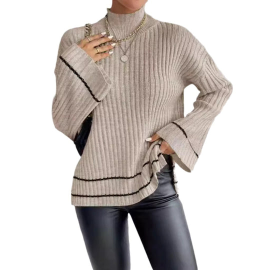 Damen eleganter Strickpullover mit hohem Kragen und weitem Ärmelabschluss EB