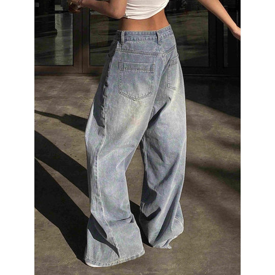 Damen weite High-Waist Jeans mit dekorativen Taschen EB