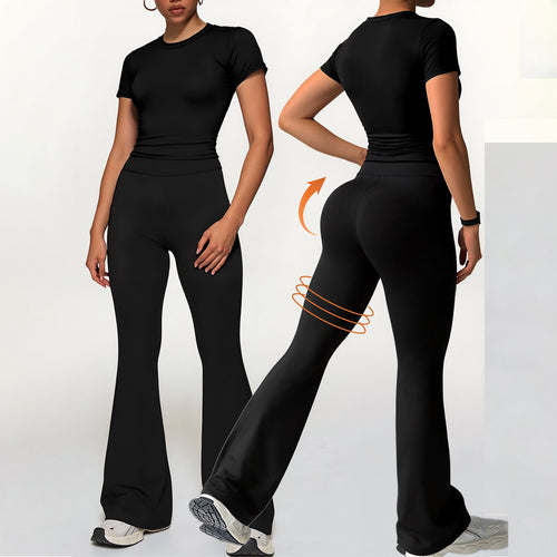 Damen Sportliches Set mit tailliertem Crop-Top und schmal geschnittenen Flared-Leggings EB