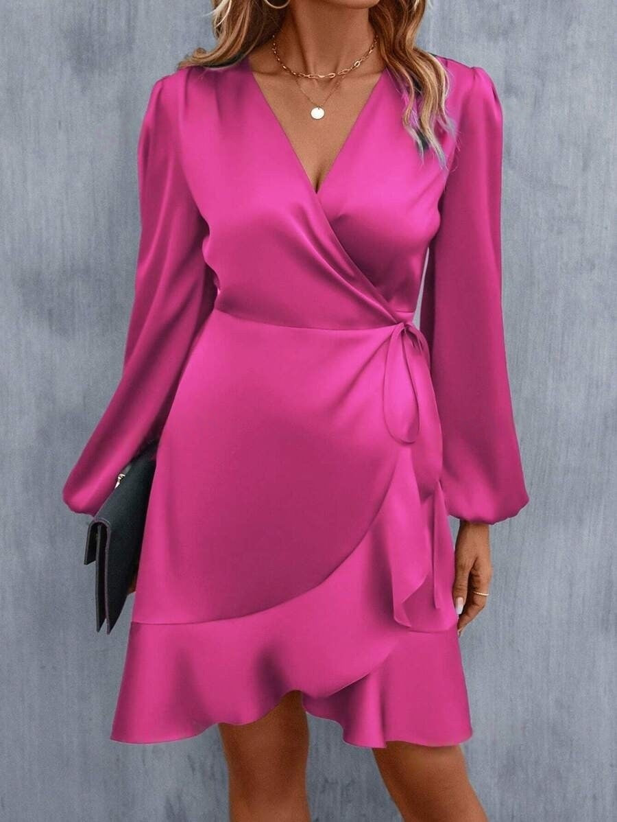 EB | V-Ausschnitt Kleid Satin Taille Eng Niedrig Ausschnitt Lässig Midi Kleid Süß Frauen Kleidung