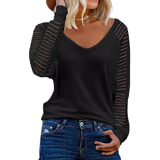 Damen Langärmliges V-Ausschnitt Shirt mit gestreiften Ärmeln EB