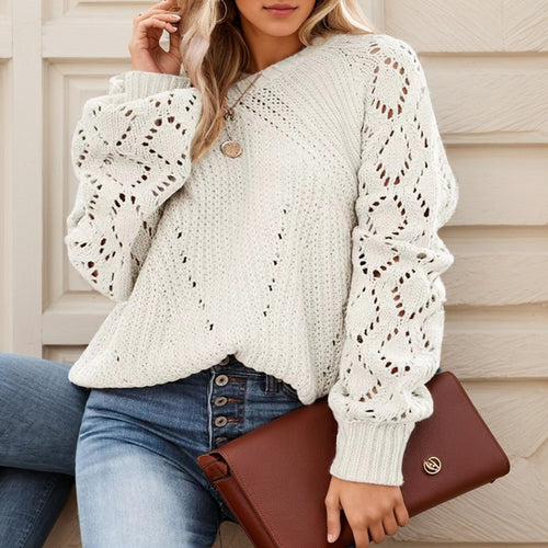 Damen Strickpullover mit romantischem Lochmuster und voluminösen Ärmeln EB